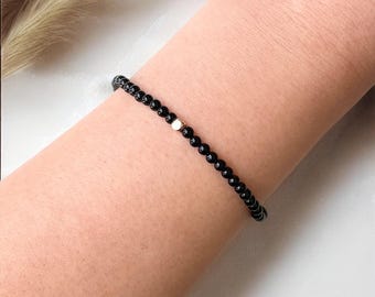 Black Onyx Bracelet, Strength and Motivation, 3mm Round Beads, Gold Filled Accent, Minimalist, Layering, Beaded Bracelet, Gift for Her