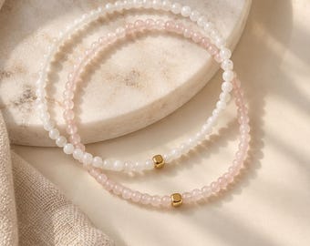 Petite Rose Quartz & Moonstone Bracelet Set, Self-Love Duo, 3mm Round Beads, Minimalist Natural Stone Jewelry, 14K Gold Filled Accent