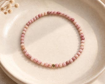 Petite Rhodochrosite Bracelet, Mental Reset, 3mm Natural Gemstone, 14K Gold Filled Accent, Pink Gemstone Bracelet, Meaningful Gift for Her