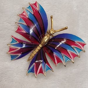 Vintage Gold Tone Red & Blue Enameled Butterfly Brooch