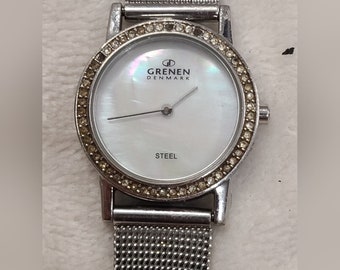 Grenen Denmark Women's Mother Of Pearl Face Watch On Stainless Mesh Band