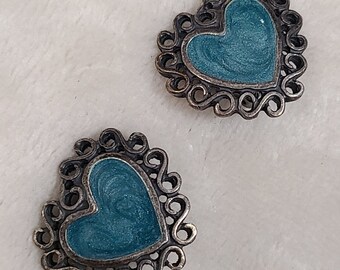 Vintage Silver Tone Newpro Clip On Blue Heart Earrings