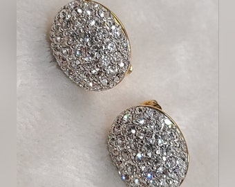 Vintage Swarovski Large Gold Tone Pave Clip On Earrings