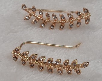 Gold Tone Ear Climber Earrings With Clear Stones