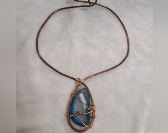 Copper Wire Wrapped Blue Agate Slice Choker