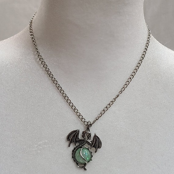 Vintage Y2K Silver Tone Dragon Pendant Necklace