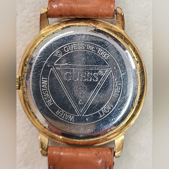 Vintage 90s Guess Women's Gold Tone Watch on Tan Leather Vintage 90s Guess Women's Gold Tone Watch on Tan Leather