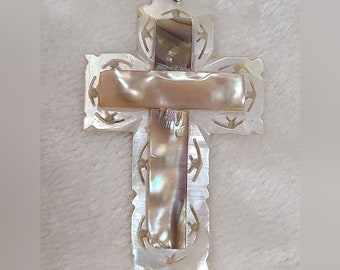 Vintage Carved Mother Of Pearl Cross Pendant Marked Jerusalem