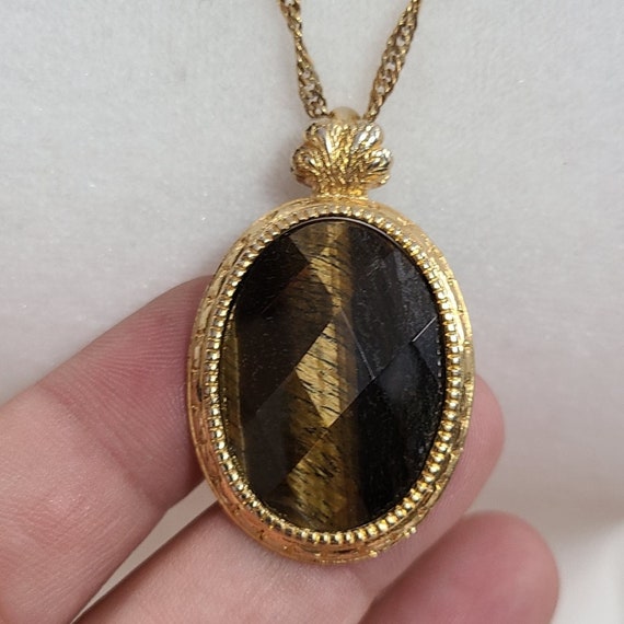 Gold Tone Faceted Tiger Eye Pendant Necklace