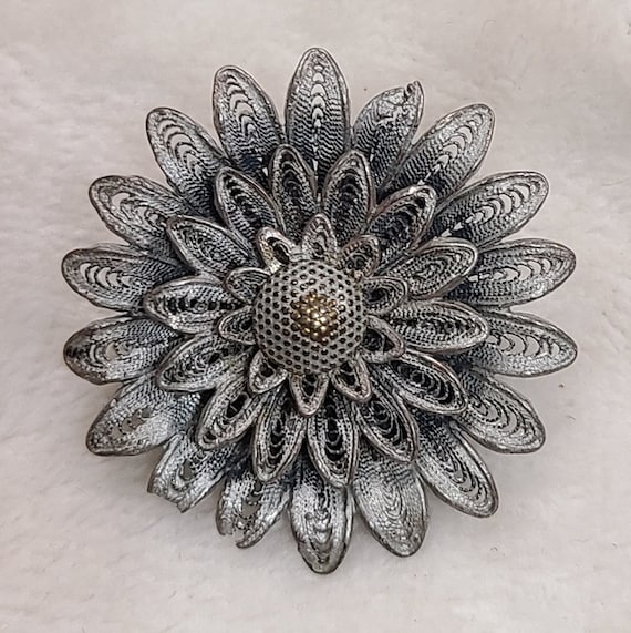Vintage Silver Tone Filigree Flower Brooch