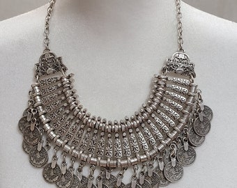 Vintage Silver Tone Turkish Coin Bib Necklace
