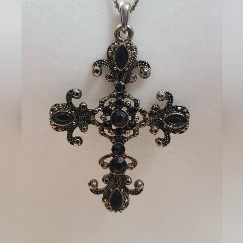 Cross Pendant Necklace With Black Stones - Etsy