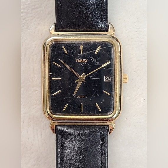 Vintage 70s Timex Men's Gold Tone Tank Watch On B… - image 1