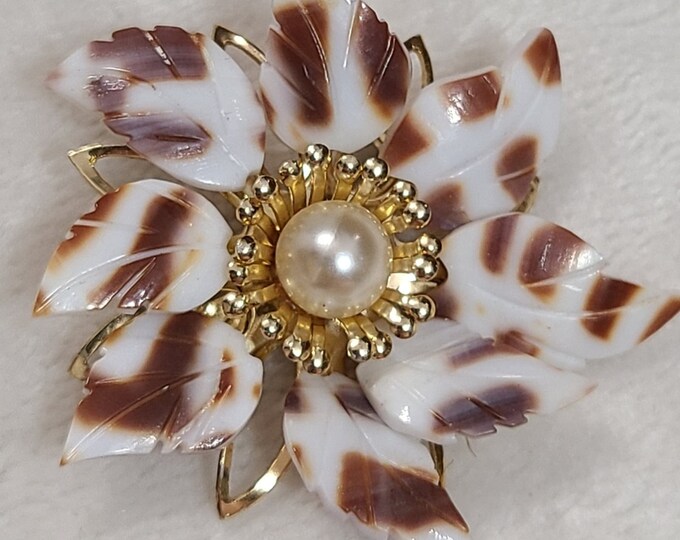 Vintage Carved Shell Flower Brooch With Faux Pearl Center - Etsy
