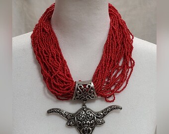 Red Multi Layer Beaded Necklace With Silver Tone Longhorn