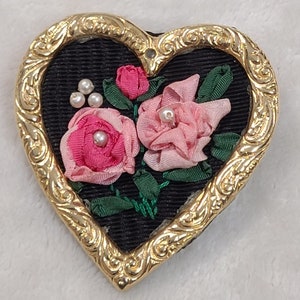Vintage Handmade Heart Brooch With Ribbon Flowers
