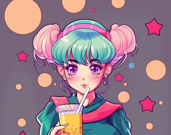 Bubble Tea Cute Girl / Manga / Anime / Kawaii / Waifu / Digital / Imprimible
