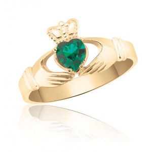 10K Yellow Gold Claddagh Ring with Green Heart Stone