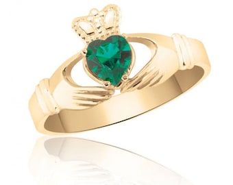 Claddagh Ring with Green Heart Stone/ Claddagh Ring / 10K Yellow Gold