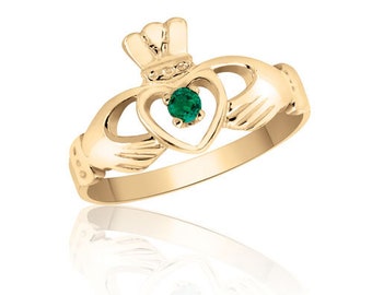 Claddagh Ring in 10K Yellow Gold / Emerald Stone /