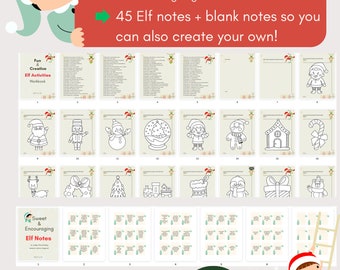 May include: A printable PDF workbook for elf activities with over 75 creative ideas, a letter to Santa template, a blank elf page for drawings, 20 coloring pages, and 45 elf notes. The workbook features a cartoon elf peeking around a red corner.