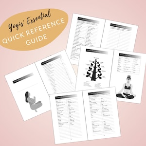 Op de afbeelding: Een zwart-wit handboek met de titel "Yogi's Essential Quick Reference Guide". Het handboek is open op een pagina met een zwart-witte illustratie van een boom met takken die zijn gelabeld met de ledematen van het lichaam. Het handboek is open op een andere pagina met een zwart-witte illustratie van een vrouw die in een yogahouding zit.