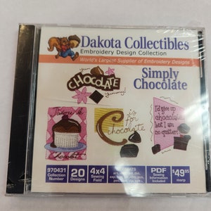 May include: A CD case with a colorful design featuring chocolate-themed embroidery designs. The title of the design collection is "Simply Chocolate". The case includes 20 designs for a 4x4 inch sewing field. The collection number is 970431.