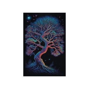 May include: A vibrant illustration of a tree with a twisted trunk and sprawling branches. The tree is illuminated with shades of blue, purple, and orange against a dark background. A full moon and butterflies are also visible.