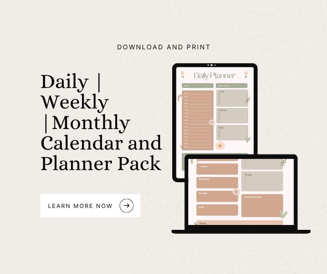 Daily, Weekly, Monthly Calendar & Planner Pack Templates Printable ...