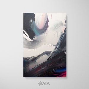 May include: Abstract painting with swirling black, white, gray, blue, and pink paint strokes. The painting has a modern and contemporary style.
