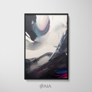 May include: Abstract painting in a black frame with a white background and black, gray, blue, and pink brushstrokes.