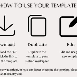 May include: A diagram showing how to use a template. The first step is to download the PDF and click the link to access the template. The second step is to duplicate the template to your Notion workspace. The third step is to edit and use your new template.