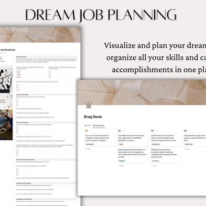May include: A white and gold document with the text "Dream Job Planning" at the top. The document is divided into two sections: "Dream Job Roadmap" and "Brag Book". The "Dream Job Roadmap" section includes a list of questions to help you plan your dream job. The "Brag Book" section includes a table with four columns: "Q1 2023", "Q2 2023", "Q3 2023", and "Q4 2023". Each column includes a list of accomplishments that you can use to showcase your skills and experience.