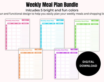 Weekly Meal Planner Printable, Grocery List and Meal Planner Printable, Bright Colors