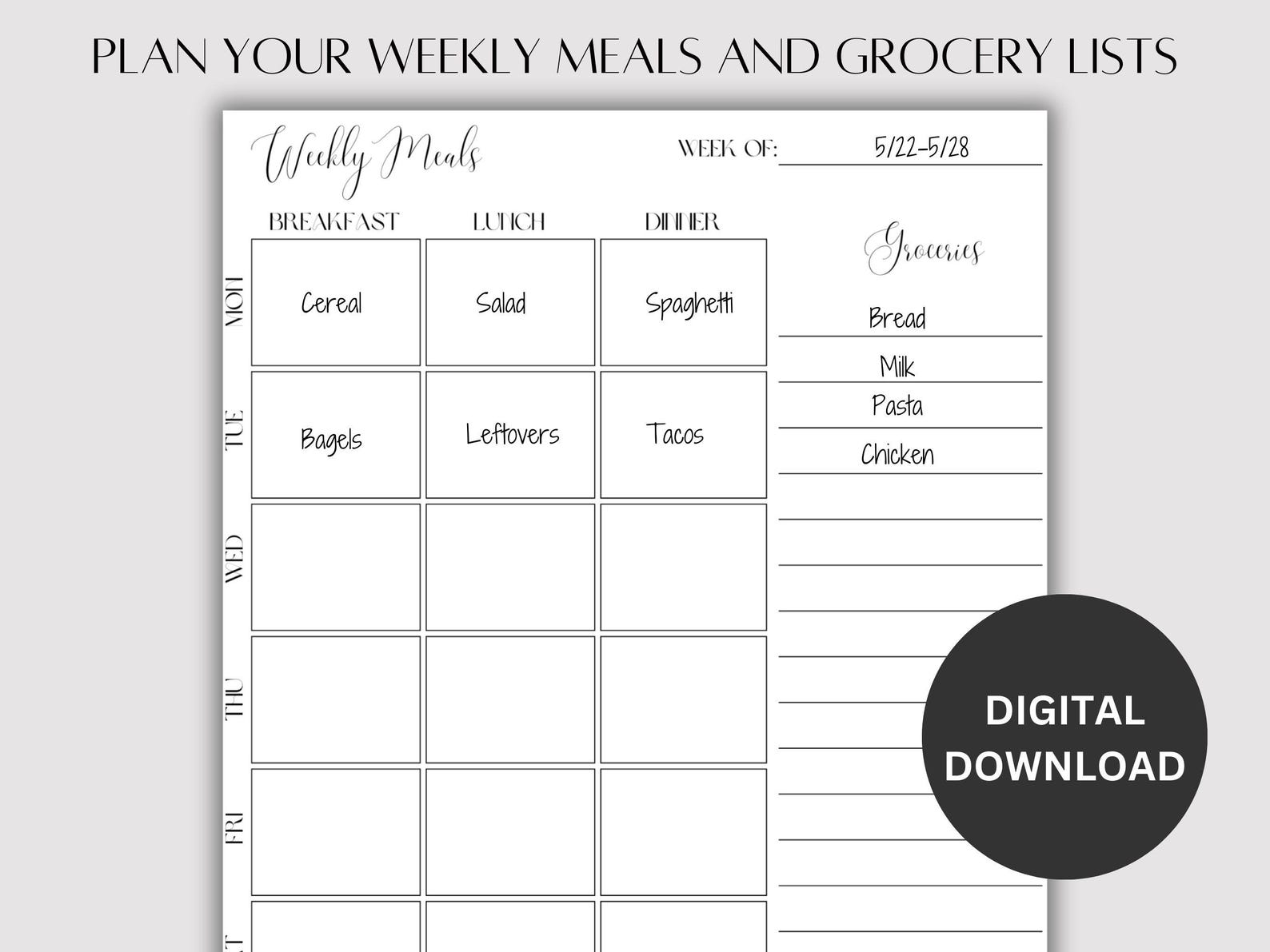 Weekly Meal Planner Printable, Grocery List and Meal Planner Printable ...