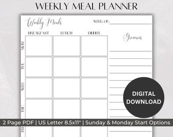 Weekly Meal Planner Printable, Grocery List and Meal Planner Printable, Minimalist Design