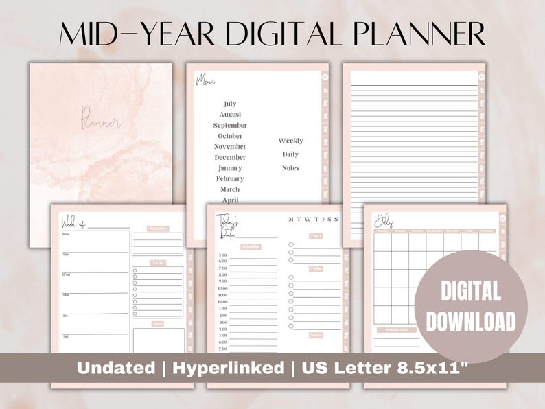 Mid-year Digital Planner, Undated Digital Planner, Hyperlinked Digital ...