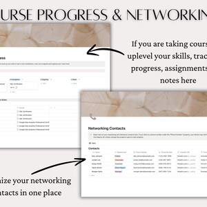 May include: A screenshot of a computer screen displaying a course progress tracker and a networking contacts list. The course progress tracker includes a list of assignments and lecture notes. The networking contacts list shows a table with columns for name, relationship, email address, phone number, company, and tags.