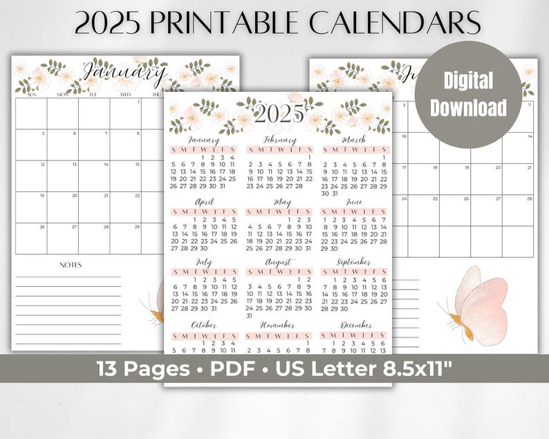 2025 Printable Calendar Pack, 2025 Year at a Glance & Dated Monthly ...
