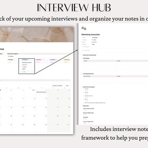May include: A screenshot of a website called "Interview Hub" that helps users keep track of upcoming interviews and organise notes. The website features a calendar, a list of interview prep stations, and a template for taking interview notes. The template includes sections for "About the Hiring Panel", "Job Requirements", "About the Company", and "Tell me about yourself."