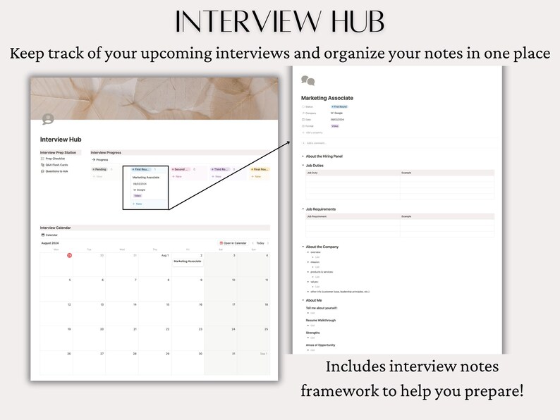 May include: A screenshot of a website called "Interview Hub" that helps users keep track of upcoming interviews and organise notes. The website features a calendar, a list of interview prep stations, and a template for taking interview notes. The template includes sections for "About the Hiring Panel", "Job Requirements", "About the Company", and "Tell me about yourself."