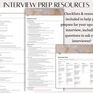 May include: A checklist and flash cards for interview preparation. The checklist includes sections for studying the company, studying yourself, technical preparation, mock interviewing, and general preparation. The flash cards include questions to ask the interviewer.