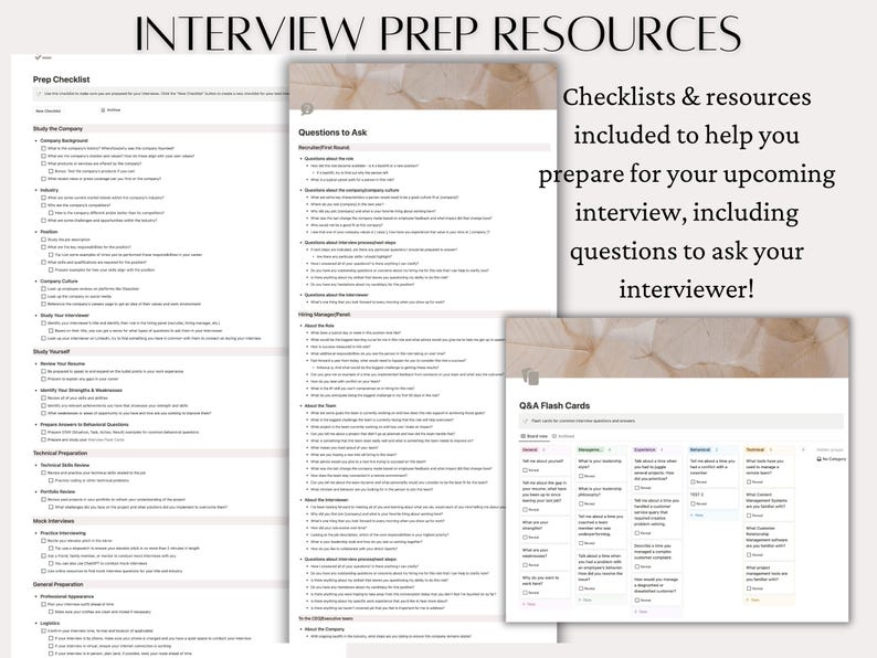 May include: A checklist and flash cards for interview preparation. The checklist includes sections for studying the company, studying yourself, technical preparation, mock interviewing, and general preparation. The flash cards include questions to ask the interviewer.