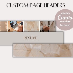 May include: Three different page headers for a CV, with a light brown background and the word "RESUME" in the centre. The headers are editable Canva templates.