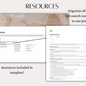 May include: A screenshot of a computer screen displaying a list of job search resources. The list includes websites and tools for CV writing, job hunting, and interview preparation. The text "Resources included in template!" is shown below the list.