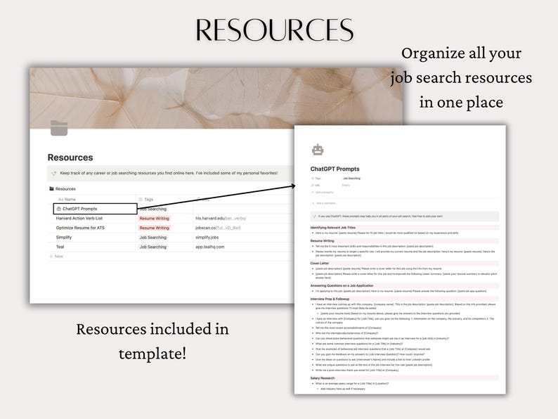 May include: A screenshot of a computer screen displaying a list of job search resources. The list includes websites and tools for CV writing, job hunting, and interview preparation. The text "Resources included in template!" is shown below the list.