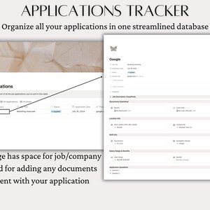 May include: A screenshot of a digital application tracker. The tracker is organised into a table with columns for company, job title, status, and application date. The screenshot shows a single application for a Marketing Associate position at Google, which has been marked as "applied".