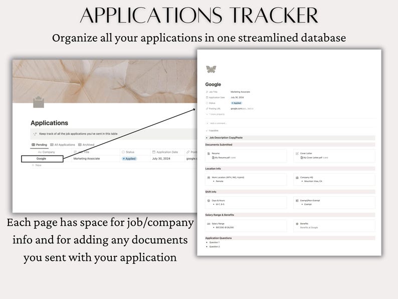 May include: A screenshot of a digital application tracker. The tracker is organised into a table with columns for company, job title, status, and application date. The screenshot shows a single application for a Marketing Associate position at Google, which has been marked as "applied".