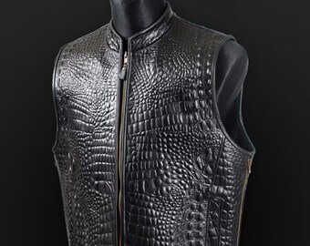 Neue Herren Alligator geprägte schwarze Lederweste, Motorrad-Stil, Krokodiljacke, individuelle Jacke, Geschenk für ihn