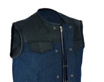 New Men's Blue Denim Vest, Motorcycle Vest, Biker Vest, Cafe Racer Vest, Real Leather Vest.